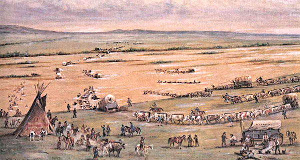 "Crossing the Platte," a drawing by William. H. Jackson in the 1800s.