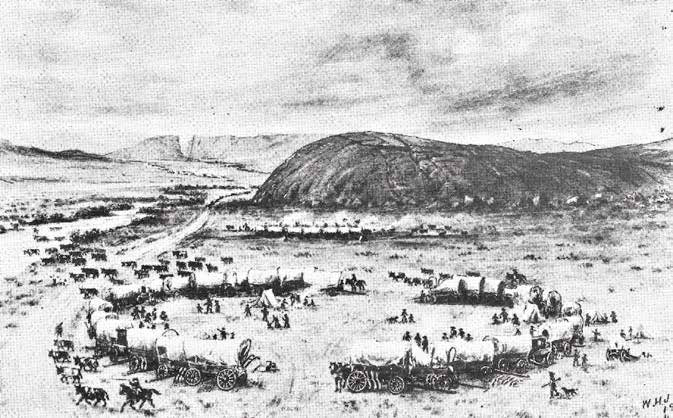 W.H. Jackson's 1800s drawing of Independence Rock on the Oregon Trail west of Casper with Devil's Gate in the background.